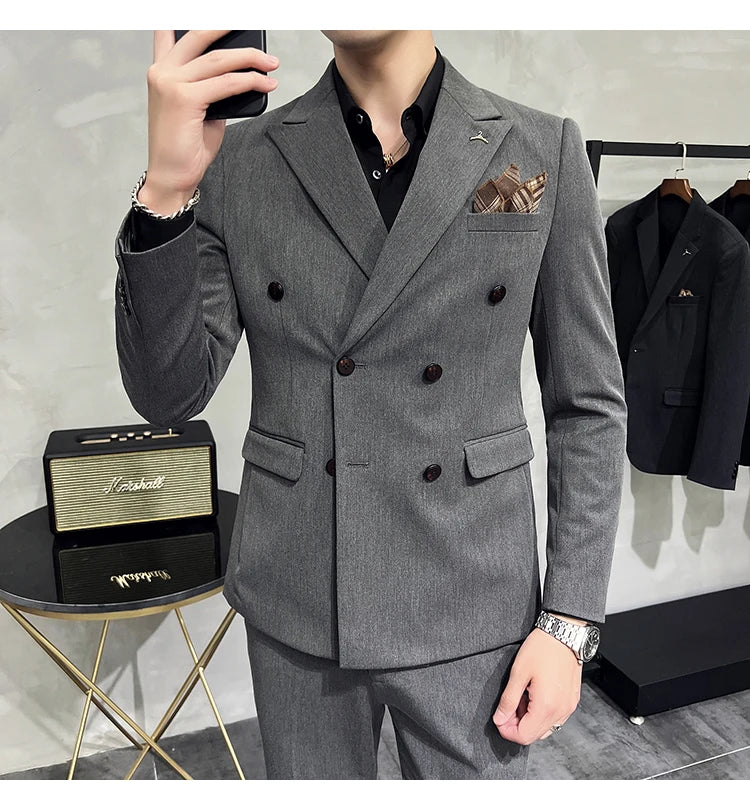 ( Blazers + Pants ) Boutique Fashion Solid Color Double-breasted Men's Casual Business Slim Suit 2-piece Set Groom Wedding Dress