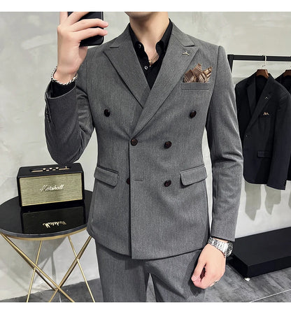 ( Blazers + Pants ) Boutique Fashion Solid Color Double-breasted Men's Casual Business Slim Suit 2-piece Set Groom Wedding Dress