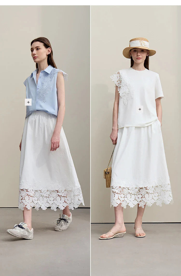 Women's Skirt 2026 Summer New Elastic Waist Cutout Lace Hem Midi Casual Loose Fit Floral Trim Skirt For Women 12622106