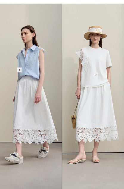 Women's Skirt 2026 Summer New Elastic Waist Cutout Lace Hem Midi Casual Loose Fit Floral Trim Skirt For Women 12622106