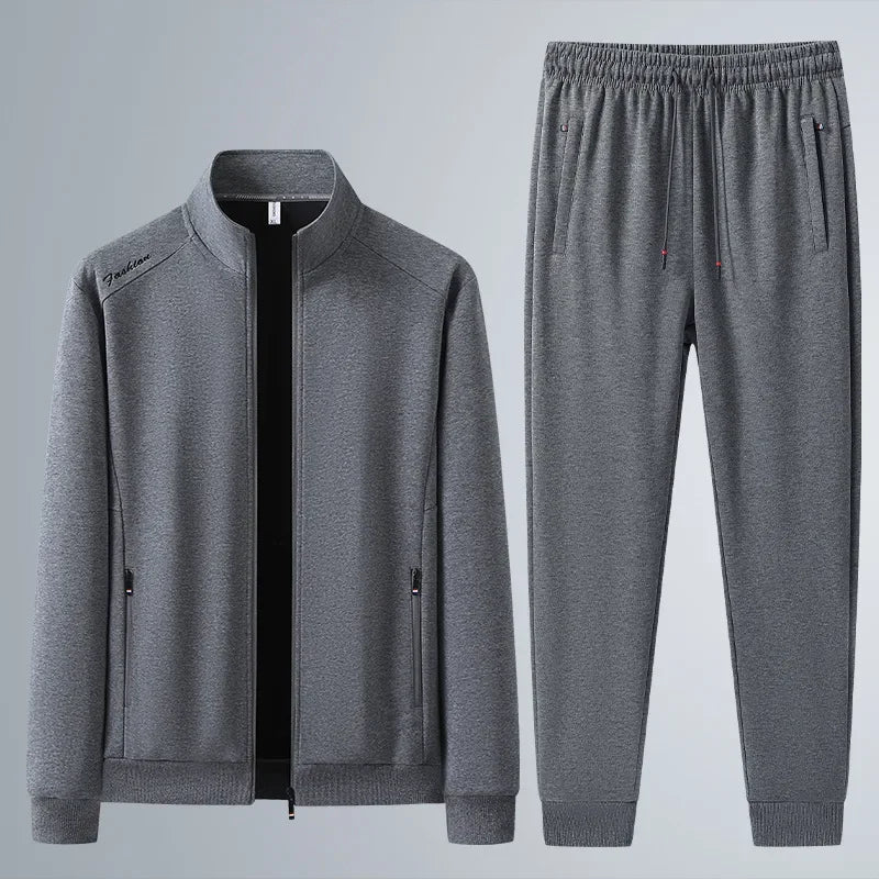 Spring Autumn New Men's Cotton Sports Suit Stand Collar Sweatshirt Middle-Aged And Elderly Casual Stylish Cardigan Loose-Fit 2-P