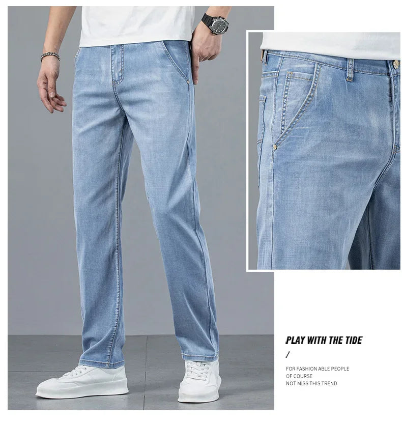 2026 New in Lyocell Fabric Summer Ultra-thin Men's Jeans Soft Drape Loose Straight Casual Denim Pants Street Wide Leg Trousers