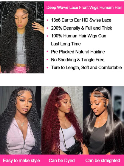 250% High Density 40 46inch Curly Wigs Raw Human Hair 13x4 13x6 HD Lace Frontal Wigs Human Hair Deep Wave Frontal Wigs on Clearance Sale Cheap Wig Pre Plucked with Baby Hair Original Vietnamese Wigs Wet and Wavy Water Wave La