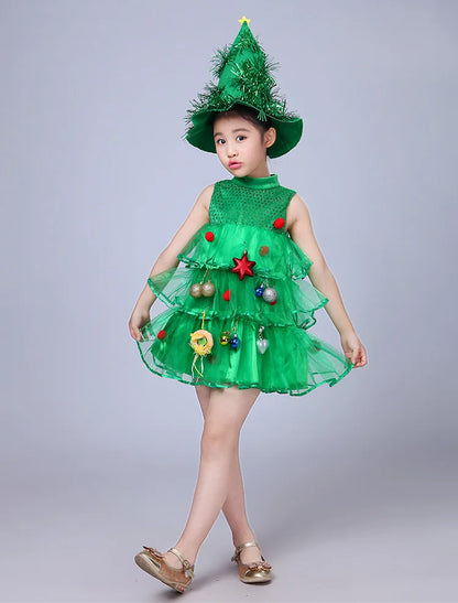 2 4 6 8 10 Yrs Fancy Christmas Tree Dress for Little Girls Xmas Party New Year Frock Kids Santa Claus Lovely Pinetree Ball Gown
