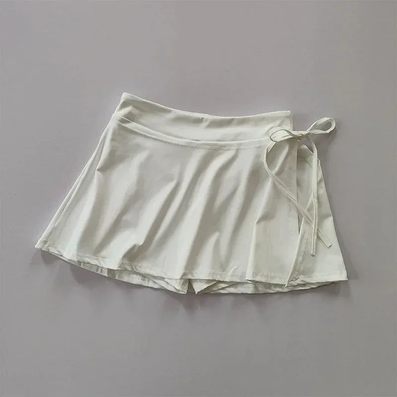 Solid Patchwork Sports Casual Short Skirt Women Lace Up Slit Yoga Dance Mini Skirt Summer Fashions Badminton Tennis Skirt