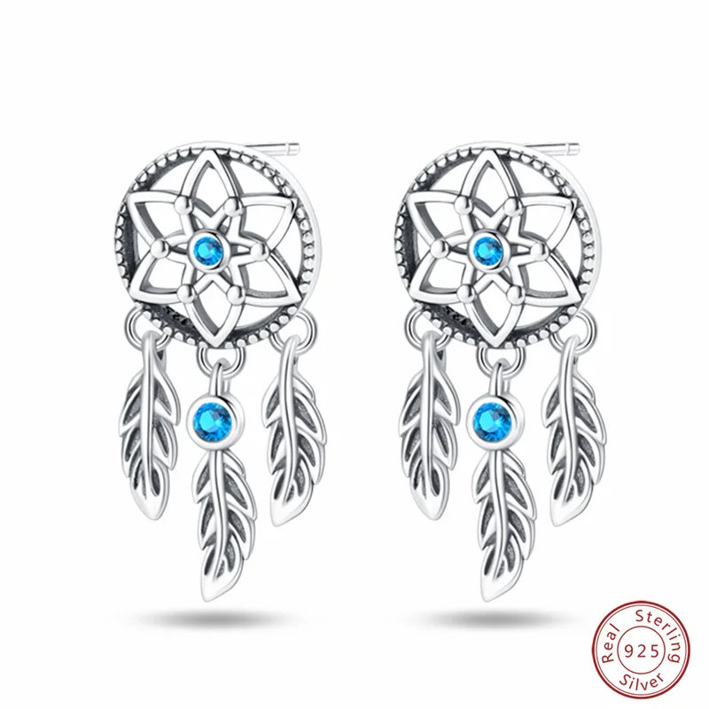 New in 925 Silver Romantic Feather Moon Stars Dream Catcher Earrings For Women Trending Fashion Jewelry Creative Birthday Gifts