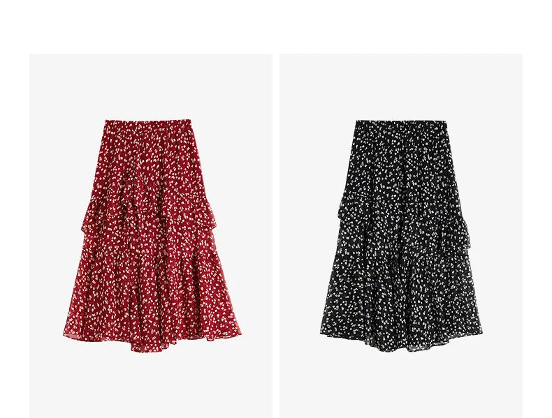 Women Chiffon Skirt 2026 Spring New Country Style Light and Flowing Floral Print Layered Ruffled Skirt