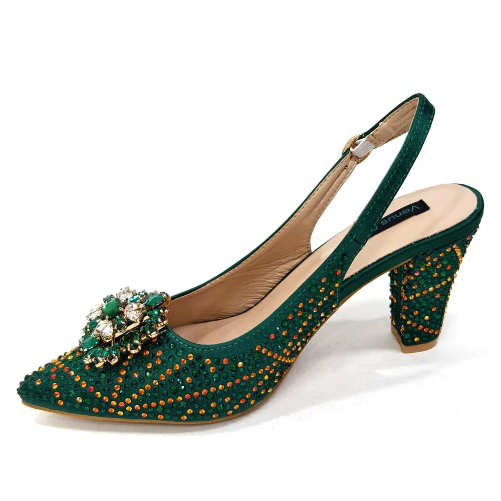 INS Style Green Party Shoe and Bag Set in Women Pointed-Toe Rhinestone High Heels Elegant African Ladies Shoes