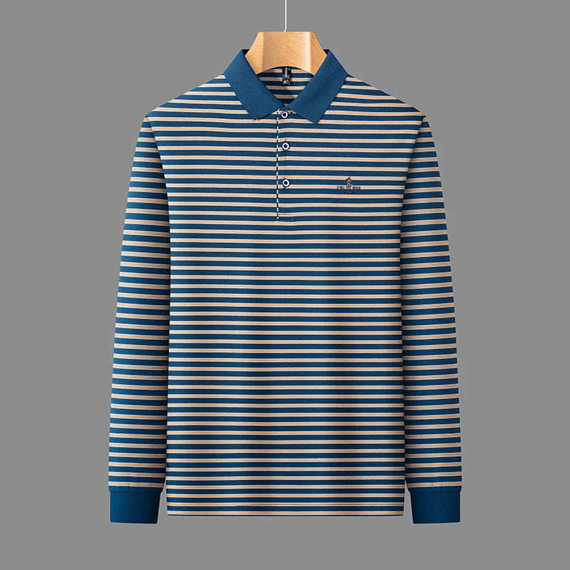 2025 New Lapel Striped T-shirt Men's Long Sleeved Spring and Autumn New Top Casual Polo Shirt Men