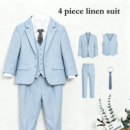 Four Pieces Linen Suit Set for Children 3-14 Years Old, Summer Beach Wedding Guest Tuxedo Jacket Vest Pants Tie Luxury Set