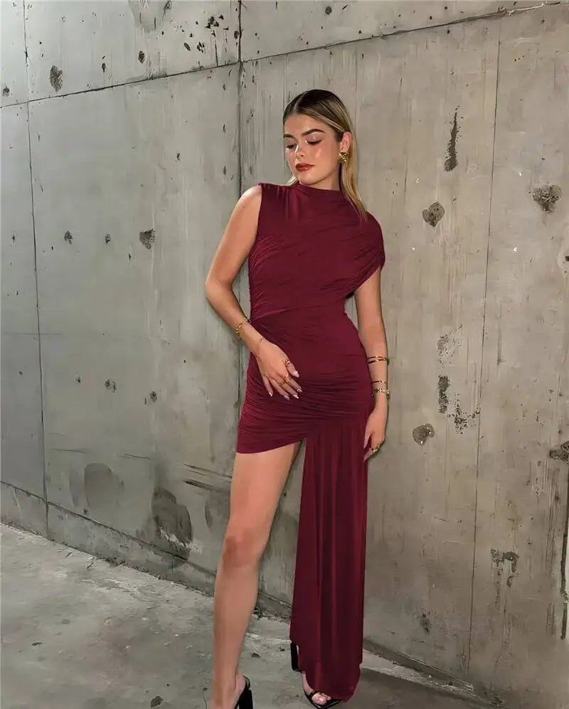 Summer Draped Ruched Sexy Mini Dress Women 2025 New Irregular High Waist Slim Fit Dress Female Elegant Club Tank Dress