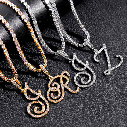 New Cursive Letters Cubic Zirconia Chain Intial Name Necklace Hip Hop Jewelry Gold Silver Color CZ 26 Alphabet Pendant Necklaces