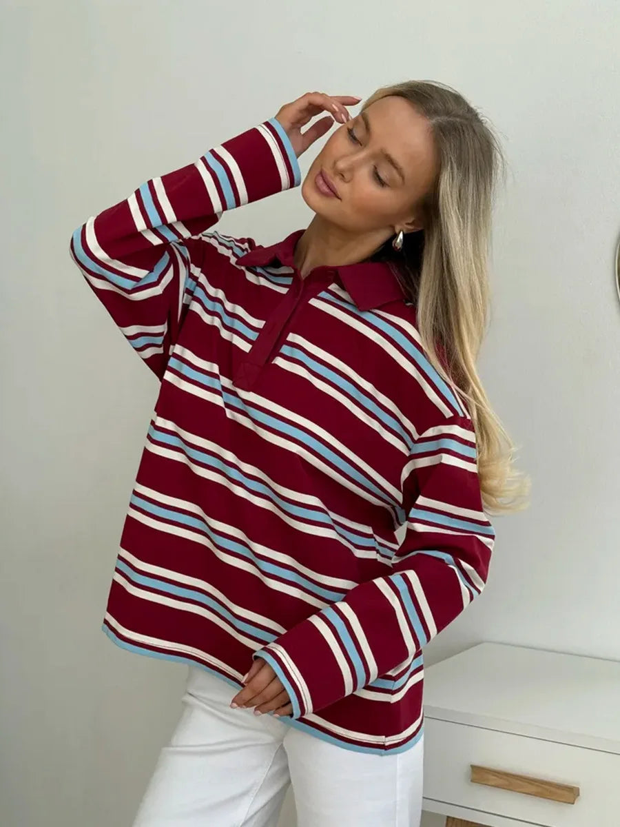 Autumn Casual Stripes Contrast Long-sleeved T-shirt Women Button Lapel Polo Shirt Tshirts New Streetwear Retro Chic Tops 2025