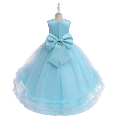 Elegant Trailing Flower Party Girls Dress Summer Wedding Bridesmaid Princess Prom Dress Girl Tull Bow Birthday Evening Ball Gown