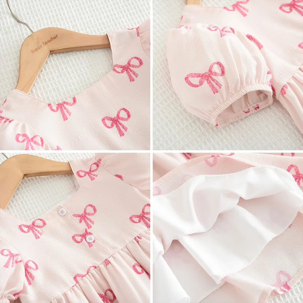 Pink Dreamy Sweet Girl Fairy Princess Dress Sleeveless Bow Decoration Mesh Lace Children's Casual Clothes Birthday Party Summer