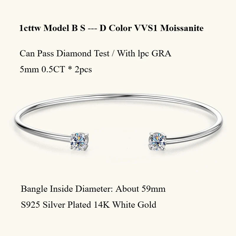 Four Prong Moissanite Cuff Bangle 5mm 0.5CT Round Cut D Color 925 Silver Open Hand Chain Bracelet For Women Girl Lady Gift