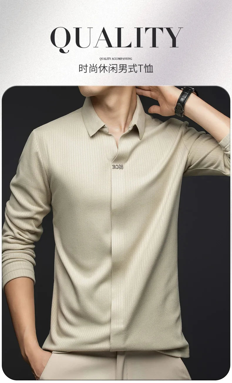 Men's Business Casual Solid Color Stretch V-neck POLO Shirt Daily Commute Striped Sweater for Fall 2024.