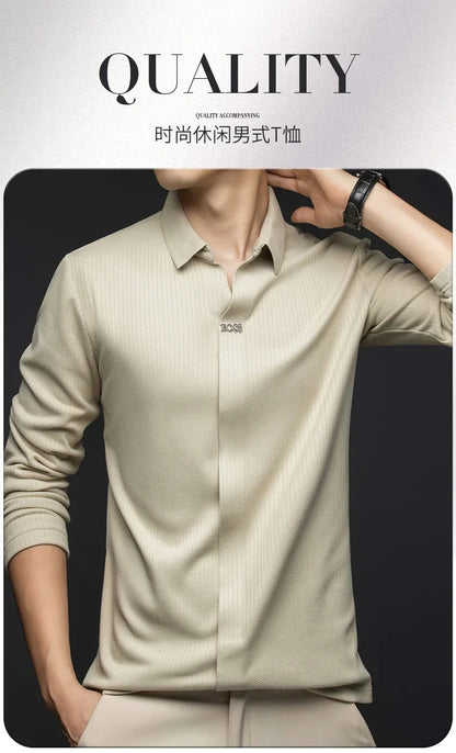 Men's Business Casual Solid Color Stretch V-neck POLO Shirt Daily Commute Striped Sweater for Fall 2024.