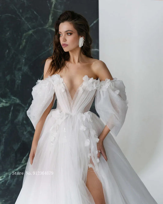 3D FlowerWedding Dresses with Detachable Sleeves Wedding Gowns Sweetheart Bridal Dresses Open Back Appliqued