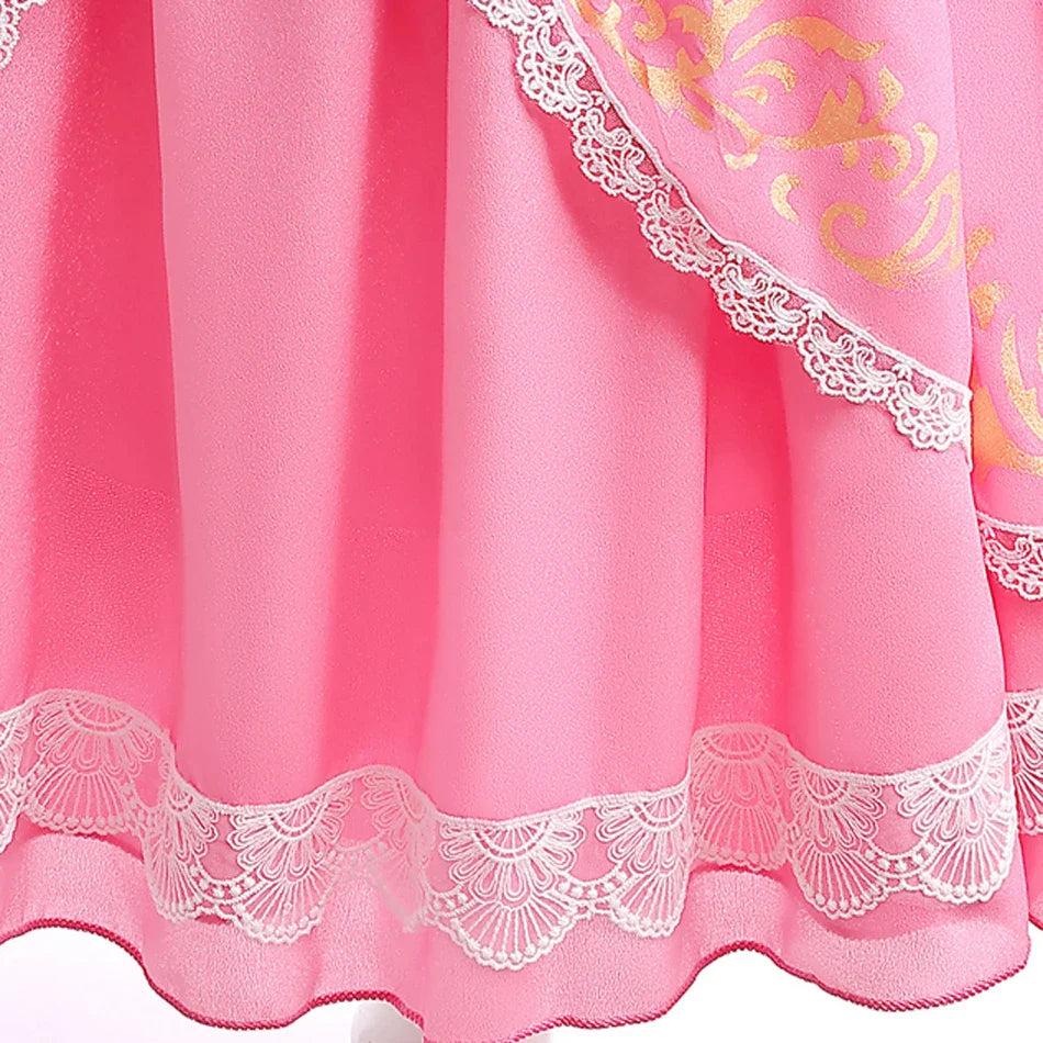 Fantasia de Princesa Pêssego com Luz LED Colorida para Aniversário de Criança Jogo de Roleplay Vestido de Menina para Halloween Festival Rosa Renda 2-9 Anos C