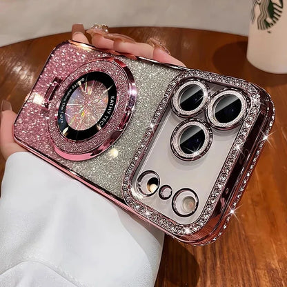 Plating transparent diamond glitter magnetic phone case for iPhone 17 16 13 14 15 Pro Max lens protection bracket back cover