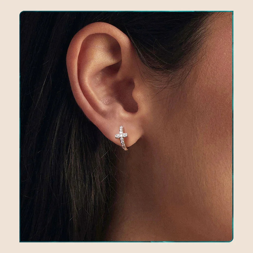 Moissanite Cross Hoop Earrings Prongs Setting Lab Diamond Hypoallergenic Huggie Earrings For Women Classic Jewelry Gifts
