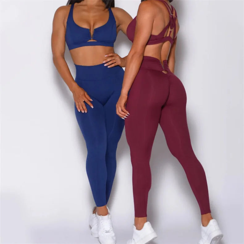 Yoga Set Two piece Hollow Sports Bra Cross Back High Waist Leggings Fitness Workout Women's Tracksuit Gym Outfits Clothing