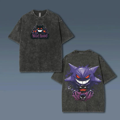 Animated Gengar Print Vintage Washed Short Sleeve T-Shirt Men and Women Summer Casual Fashion Clothing Cotton