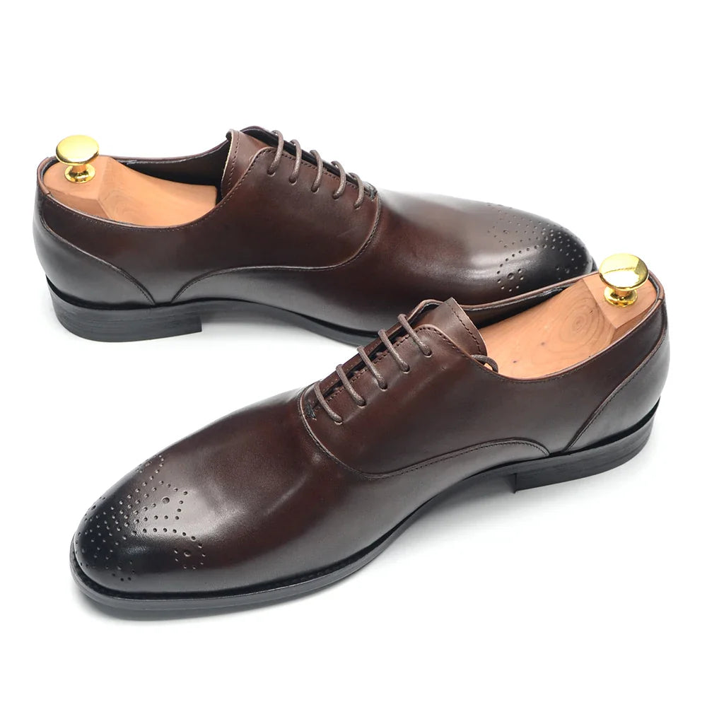Italian Classy Men's Oxford Dress Shoes Genuine Cow Leather Lace-up Brogue Brown Black Business Office Wedding Formal Shoes Man