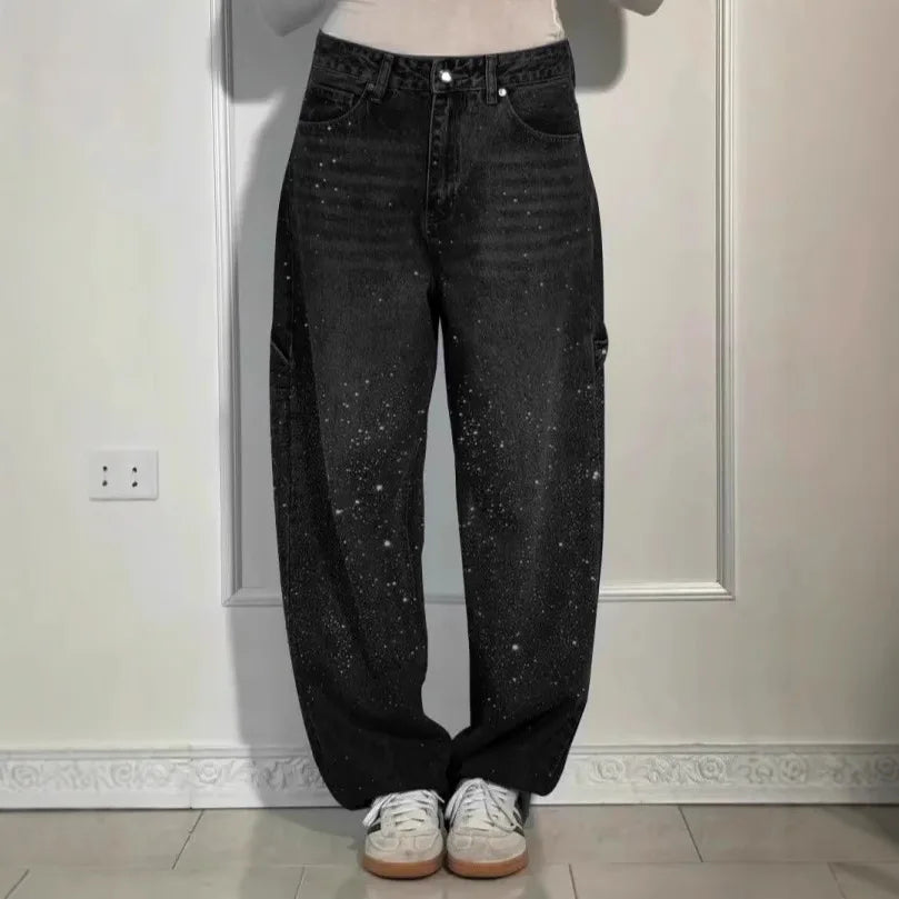 Calça Jeans Feminina Mom Pantalona Perna Larga Hot Drilling Cintura Alta Reta Y2k Streetwear Casual Punk Solta