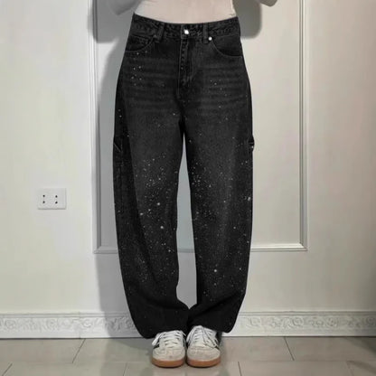 Calça Jeans Feminina Mom Pantalona Perna Larga Hot Drilling Cintura Alta Reta Y2k Streetwear Casual Punk Solta