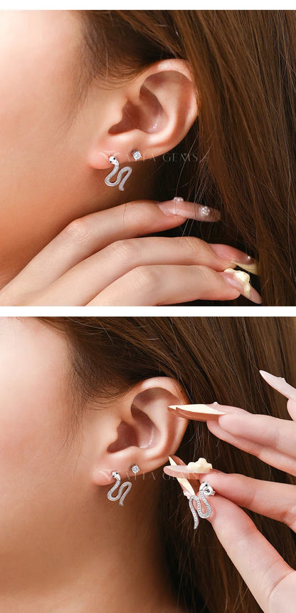 Full moissanite Snake Stud Earring For Women Girls Real 925 Sterling Silver Jewelry Engagement Party Gifts High Quality