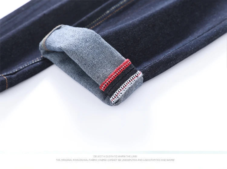 Men's Japanese Handmade Embroidered Cotton Jeans Straight Tube Slim Fit Hip-Hop Trousers Red Ear Detail Devil Big M Golden Text