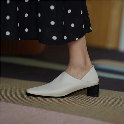 2025 Hot Sale slip-on Genuine Leather Women Pumps Square Toe Med Thick Heels Soft Upper Pumps Office Ladies Dress Shoes