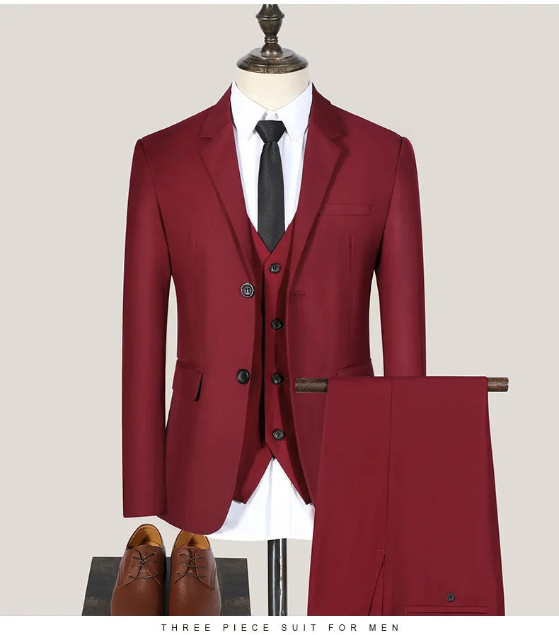 S-7XL Suit (Blazer+vest+pants) Business Dinner Gentleman Slim Gentleman Men British Style Dress Best Man Solid Color Group Suit