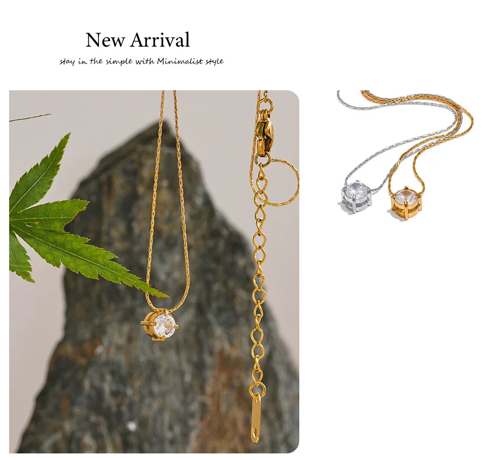 Korean Chic Stainless Steel Shiny Cubic Zirconia Cast Delicate Necklace Pendant for Women Daily Waterproof Basic Jewelry