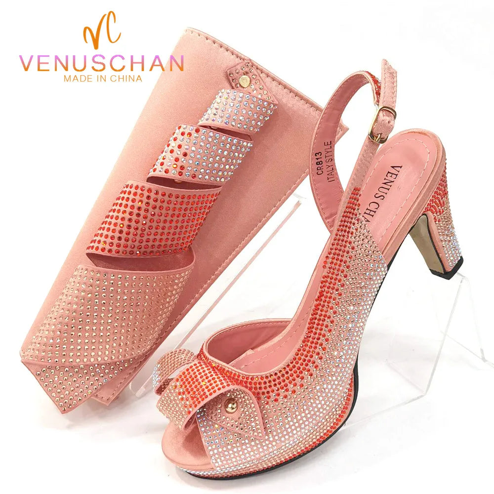 Newest INS Style Peach Color Rhinestone Elegant High Heels Nigeria Popular Design African Ladies Shoes And Bag Set