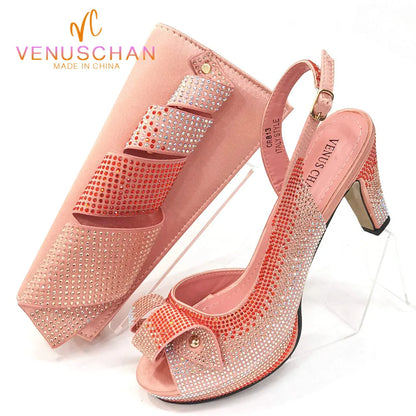Newest INS Style Peach Color Rhinestone Elegant High Heels Nigeria Popular Design African Ladies Shoes And Bag Set
