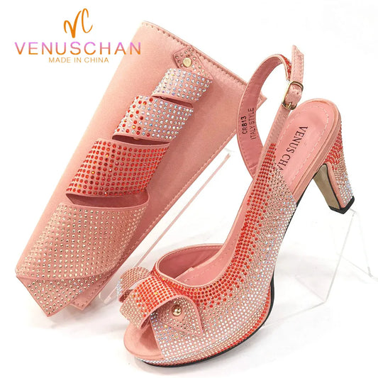 Newest INS Style Peach Color Rhinestone Elegant High Heels Nigeria Popular Design African Ladies Shoes And Bag Set