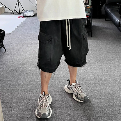 Gothic street jeans with multiple pockets men's shorts wide-legged loose nine-quarter pants knee-length pants loose casual pants