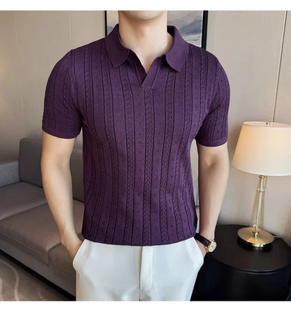 Men's Polo Shirt, Striped Jacquard Knit Short Sleeve, T-shirt V-neck Solid Color Elastic Top 2024. M-3XL,Summer Purple Thin