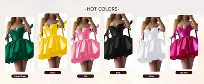Mini Satin Sweetheart Homecoming Dresses for Teens Bow Spaghetti Straps Short Ball Gown Puffy Cocktail Prom Dress with Pockets