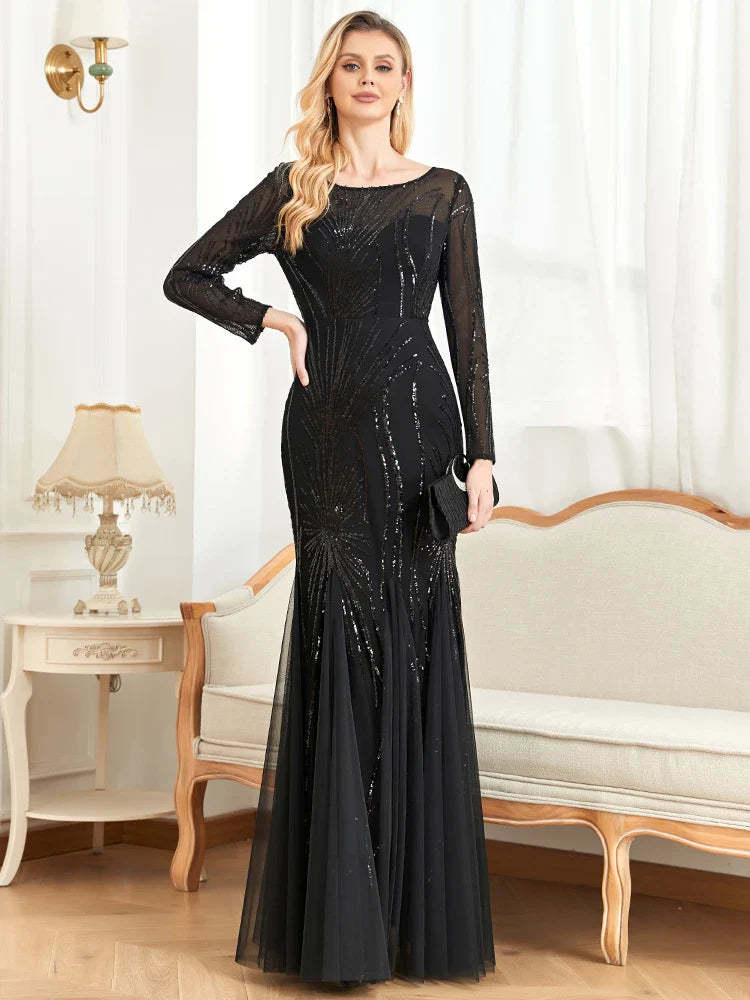 Elegant Long Sleeves Sequin Tulle Evening Dresses 2025 Women Luxury Mermaid Formal Bridesmaid Party Maxi Prom Dress