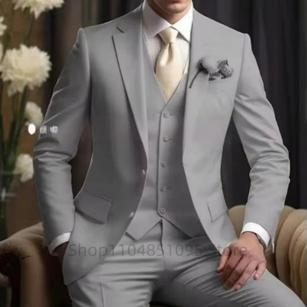 Wedding Light Pink Men's Suit 3 Pieces Formal Business Notch Lapel Blazer Tuxedos Slim Fit Groomsmen Suit Set(Jacket+Vest+Pant)