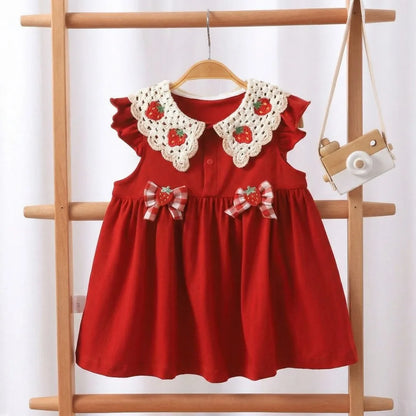 2026 Summer New Style Girls Sleeveless Dress Fashion Strawberry Turn-down Collar Kids Princess Dresses Child Red Party Clothes