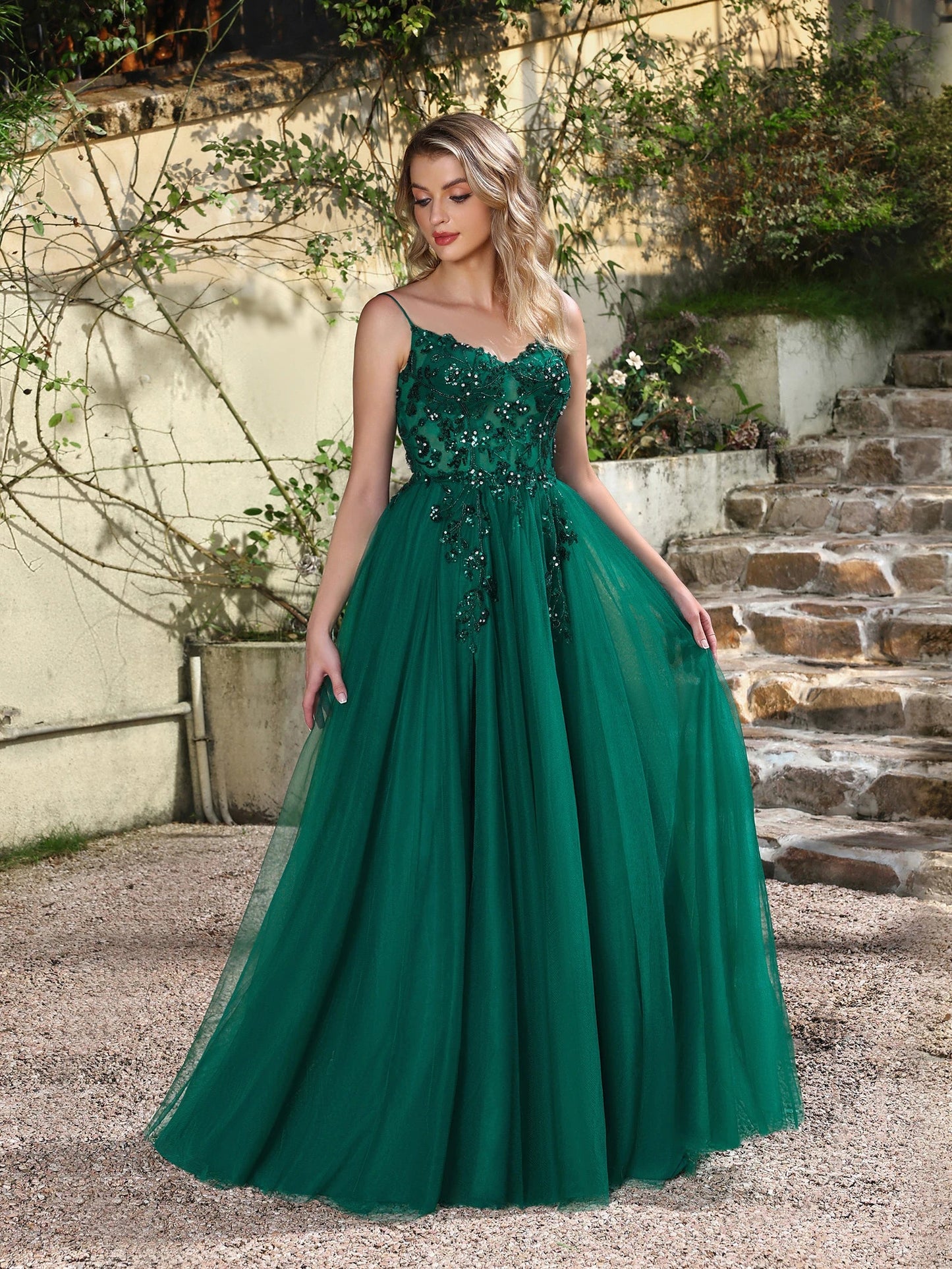 BABYONLINE Forest Green Tulle Prom Dress with Embroidered Beaded Waist & Sweetheart - Sparkling A-Line Gown for Teens & Galas