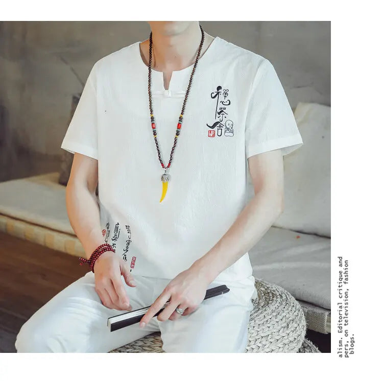 (Shirt + trousers) 2025 summer Chinese Style men shirt Cotton and linen shirts men's High quality casual shirts Two Piece M-5XL