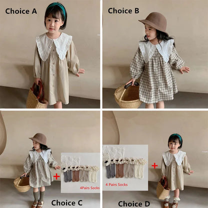 Baby Girls Dress Casual Plaid Clothes Summer New Korean Cotton Linen Girls Princess Dress Big Turn Down Collar Dress