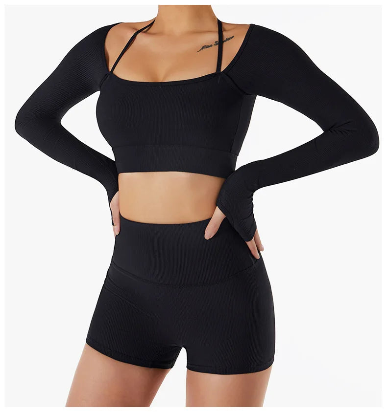 Women Yoga Set Gym Clothing Tracksuit Long Sleeve Crop Top One Shoulder Bra High Waist Seamless Leggings Fitness Sports Suits