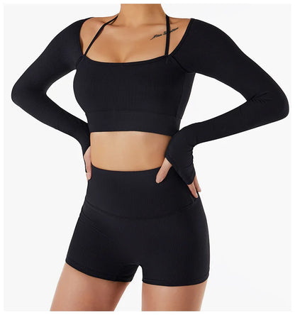 Women Yoga Set Gym Clothing Tracksuit Long Sleeve Crop Top One Shoulder Bra High Waist Seamless Leggings Fitness Sports Suits